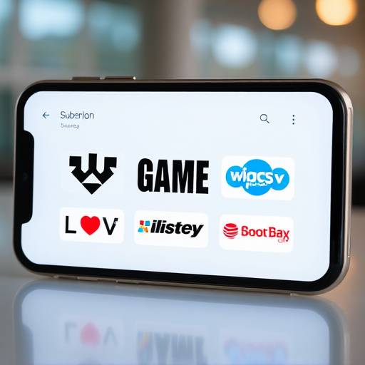 A collage of different mobile game subscription service logos on a smartphone screen.