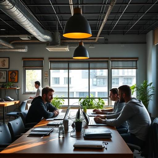 A group of indie mobile game developers collaborating in a co-working space in downtown Seattle.