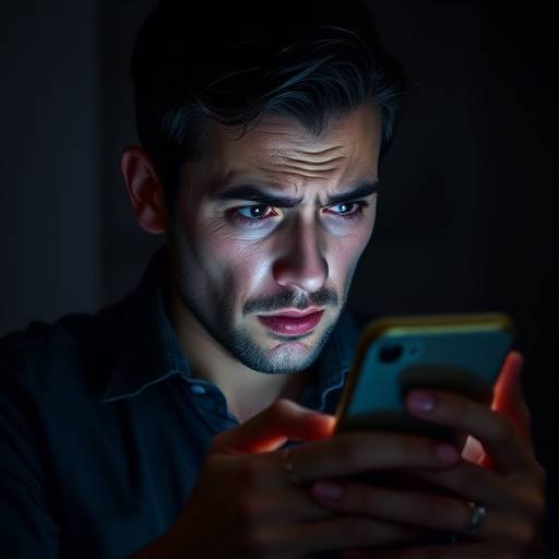 A person looking stressed while staring at their mobile phone screen, highlighting the issue of mobile game addiction.