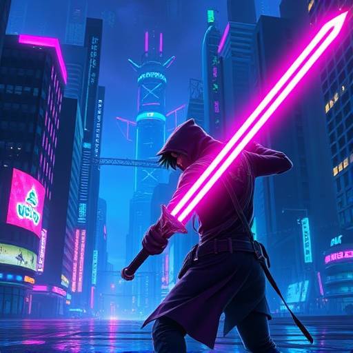 A scene from Cyberpunk City, an action RPG with a futuristic cityscape and a player character wielding a neon sword.