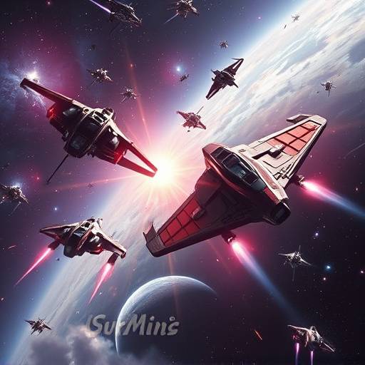 Battle scene from Galactic Conquest showing spaceships clashing in a nebula.