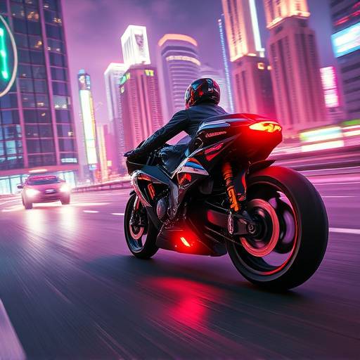 Gameplay from Neon Riders showing a futuristic motorbike racing through a cityscape.