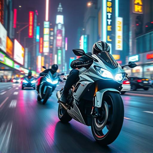 Gameplay image from Neon Riders showing a futuristic motorbike racing through a neon-lit city.