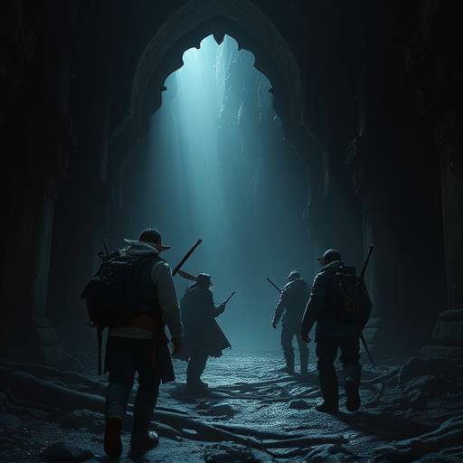 Gameplay image from Rune Raiders showing a party of adventurers exploring a dark dungeon.