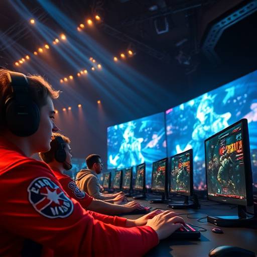 Players competing in a mobile esports tournament with large screens displaying the gameplay.