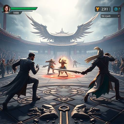 Screenshot of Celestial Clash, a mobile RPG with fantasy characters battling in an arena.
