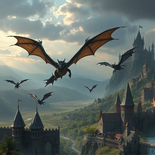 Screenshot of Dragon Realms, a fantasy MMORPG featuring dragons soaring over a medieval landscape.